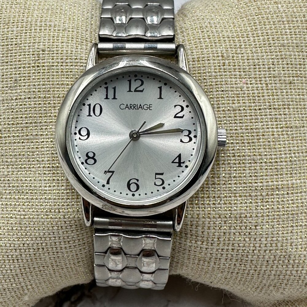 3/$30 Carriage Watch Women Silver Tone Easy To Read Dial Stretch Band 6.5"